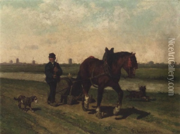 A Beer Transport Along A Canal Oil Painting - Frans Van Leemputten