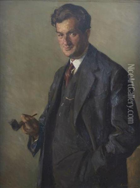 Portrait Ofalexander Isaac Cemach, Half Length Standing Oil Painting - Jehudo Epstein