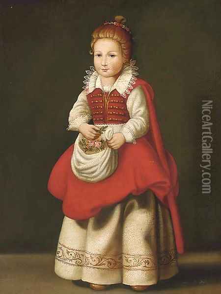 Portrait of a young girl, standing full-length, with flowers in her apron Oil Painting - Cornelis De Vos