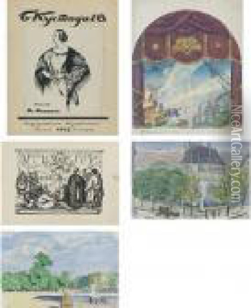 Two Book Cover Designs, A Set Design And Two Paris Scenes: 5 Works Oil Painting - Boris Kustodiev