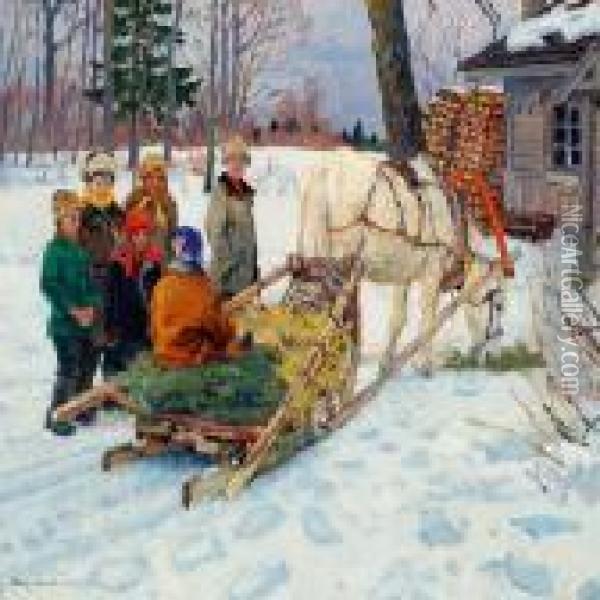 Wintry Scene With Children By A Sledge Oil Painting - Nikolai Petrovich Bogdanov-Belsky