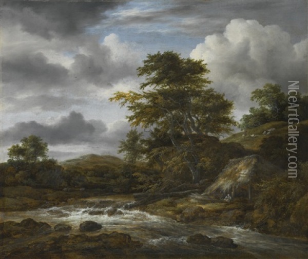 Low Waterfall In A Hilly Landscape With A Thatched Cottage Oil Painting - Jacob Van Ruisdael