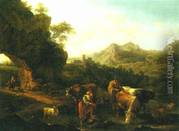 A Shepherd And Shepherdess With Their Flock At A Pool Oil Painting - Joseph Roos