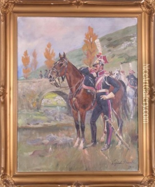 Ulan Przy Koniu Oil Painting - Woiciech (Aldabert) Ritter von Kossak