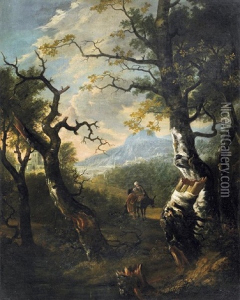 Weite Italienische Gebirgslandschaft Mit Reisenden Auf Einem Esel Oil Painting - Adam Pynacker