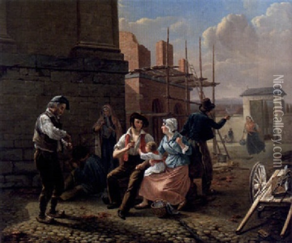The Three Stages Of Life - Workmen Enjoying Lunch With Their Families At A Building Site Oil Painting - Constantinus-Fidelio Coene