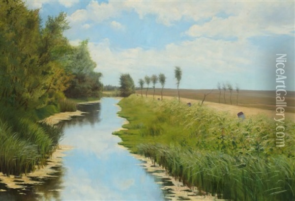 Danish Landscape With A Creek Oil Painting - Holger Topp Pedersen