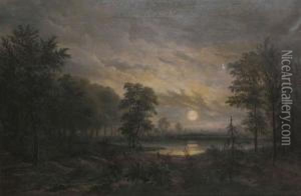 Rivierlandschap Bij Maanlicht. Oil Painting - Adan Van Peurse