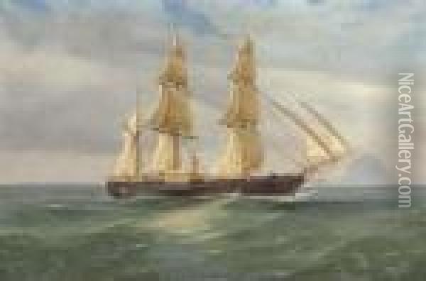 A British Naval Paddle Sail Steam Ship Off Stromboli Oil Painting - de Simone Tommaso
