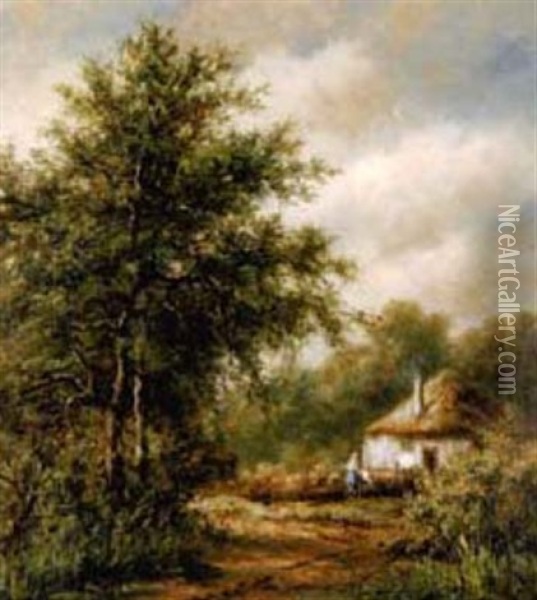 A Woman By A Cottage Oil Painting - Lion Schulman