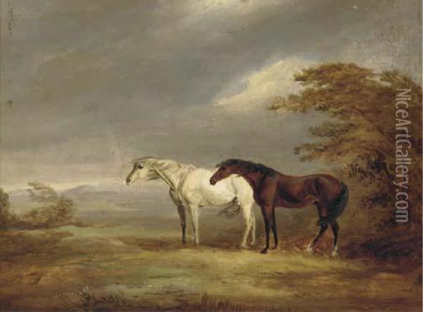 A Chestnut And Grey In A Windy Landscape Oil Painting - James Ward