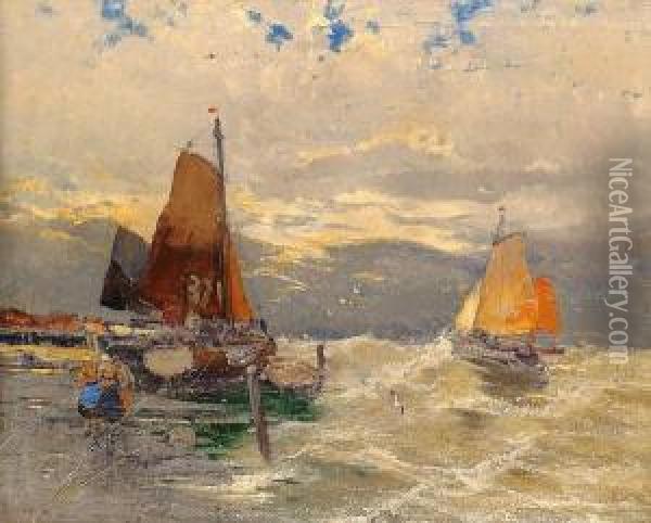 Unloading The Boats Oil Painting - Gustav Schonleber