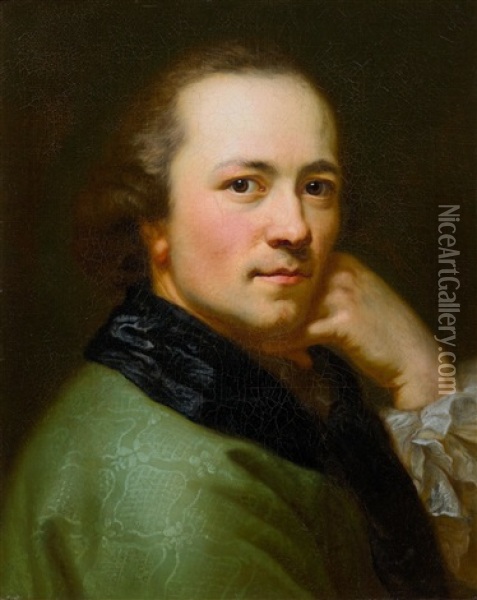 Self-portrait, To The Right, In Green Velvet Robe Oil Painting - Anton Graff