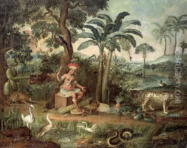 Native Indian in a landscape with animals Oil Painting - Jose Teofilo de Jesus