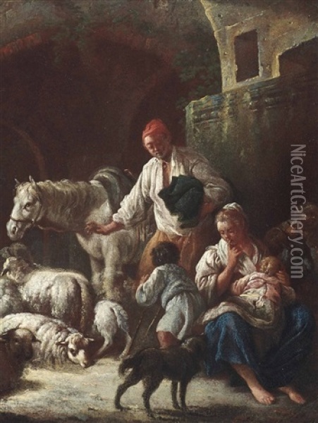 Peasants With Sheep, A Horse And A Dog, Before A Ruined Arch (2 Works) Oil Painting - Giorgio Giacoboni