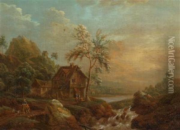 Ein Paar Flusslandschaften Oil Painting - Christian Georg Schuttz II