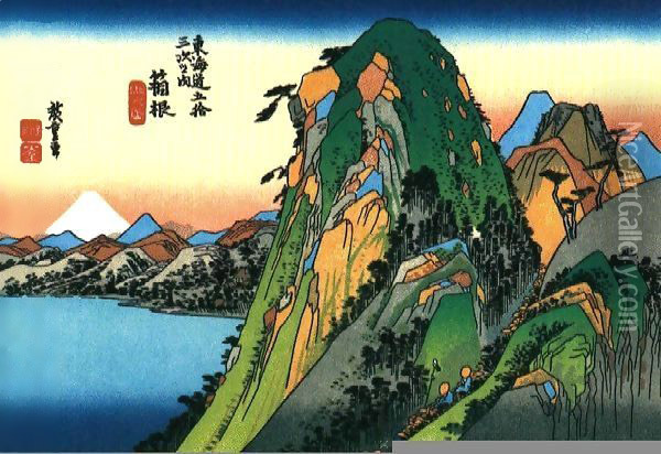 A Rocky Mountain Seen by the Water Oil Painting - Katsushika Hokusai