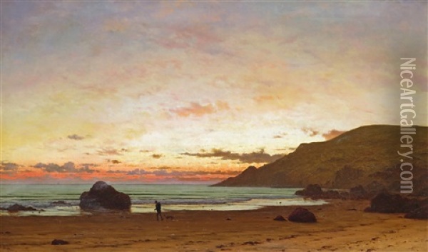 Coastal Scene With A Man And A Dog Oil Painting - Frederick William Meyer