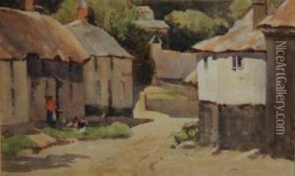 Sunlit Cottages. Oil Painting - John Gutteridge Sykes