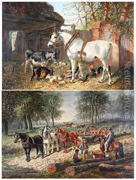 'feeding Time' And 'hauling Timber' Oil Painting - John Frederick Herring Snr