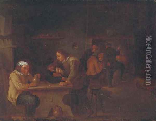 Peasants smoking and drinking in an interior Oil Painting - David The Younger Teniers