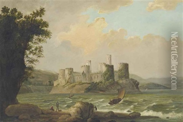 A View Of Conwy Castle, North Wales Oil Painting - John Rathbone