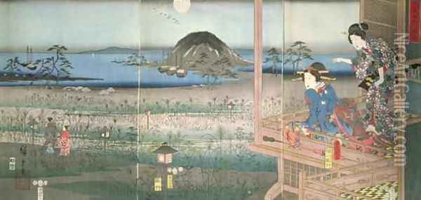 The Lady Fujitsubo watching Prince Genji departing in the moonlight Oil Painting - Utagawa or Ando Hiroshige