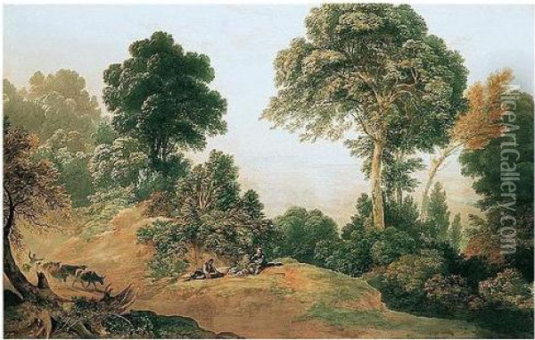 Travellers Picnicking By A Country Track, Windsor Castle In The Distance Oil Painting - John Glover
