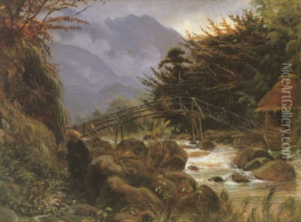 A Rocky River Landscape With A Japanese Farmer By A Footbridge Oil Painting - Charles Wirgman Jr.