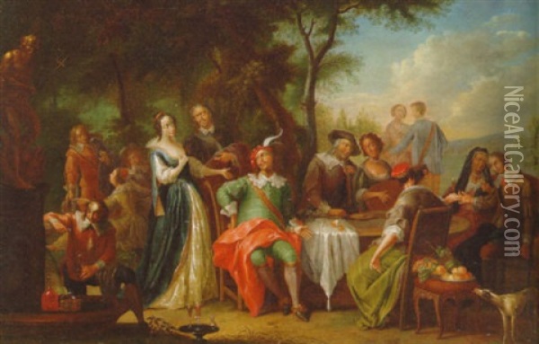 Elegant Company Merrymaking In A Wood Oil Painting - Franz Christoph Janneck