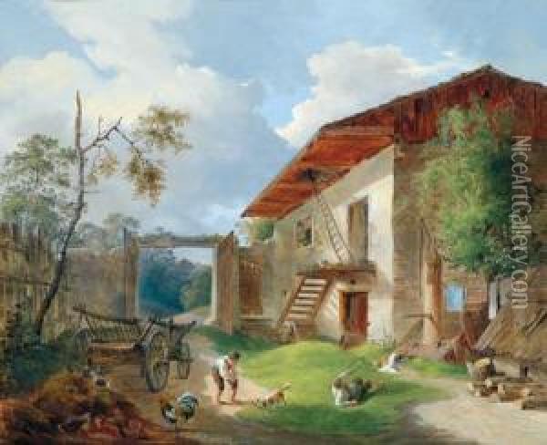 Children Playing Before A Farmhouse Oil Painting - Anton Ii Altmann