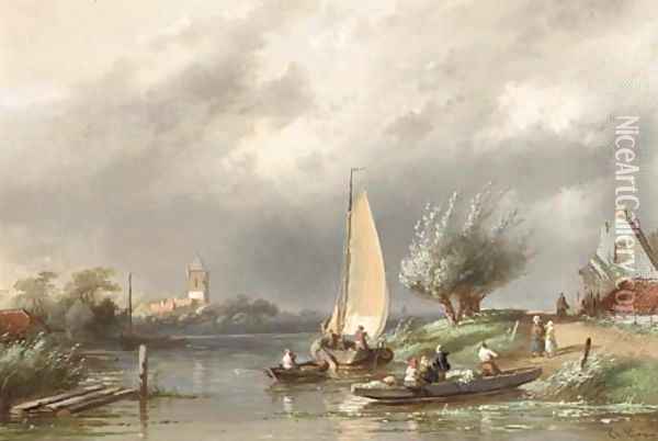 Summer a ferry crossing on a windy day Oil Painting - Charles Henri Leickert