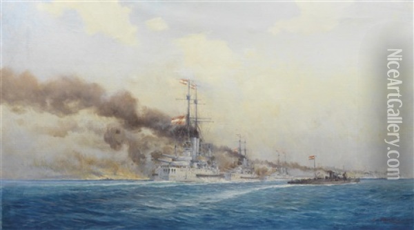 Die Beschiessung Von Ancona Am 25. Mai 1915 Oil Painting - August von Ramberg