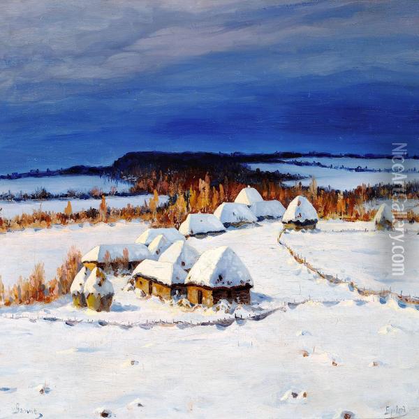 Moonlight Over A Winter Landscape Oil Painting - Jakov Ivanovic Brovar