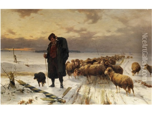 Schafer Mit Herde In Winterlandschaft Oil Painting - Adolf Ernst Meissner