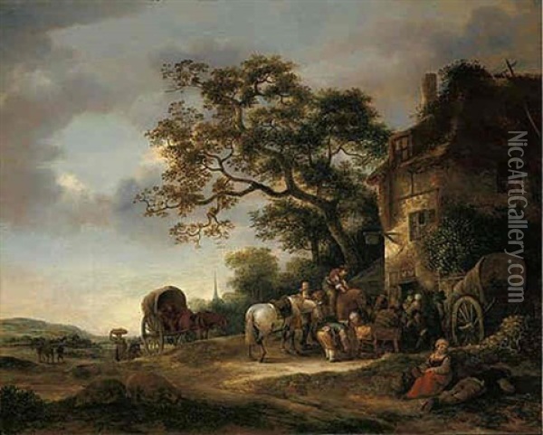Peasants And Travellers Refreshing Themselves Outside An Inn Oil Painting - Isaac Van Ostade