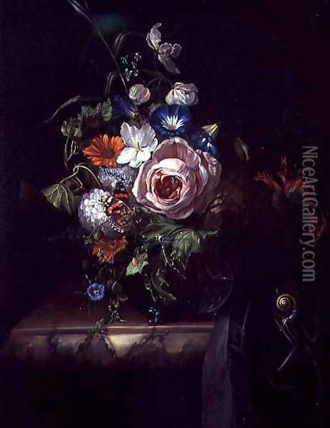 Roses and Other Flowers in a Glass Bowl Oil Painting - Rachel Ruysch