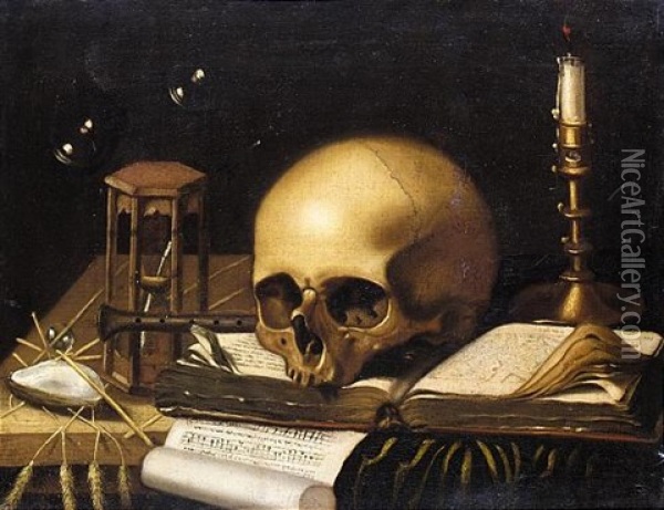 A Vanitas Still Life Of A Skull, A Candle, An Hourglass, A Pipe, And A Sheet Of Music On A Wooden Table With Bubbles Above Oil Painting - Jacques Grief De Claeuw