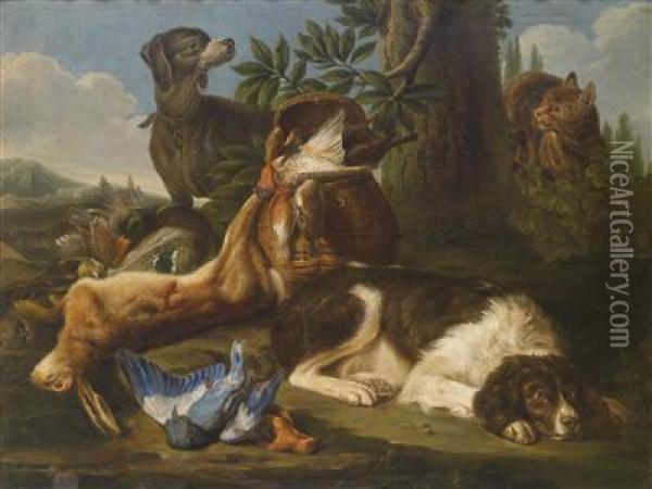A Hunting Still Life With A Shot Hare And Adog Oil Painting - Jan Weenix