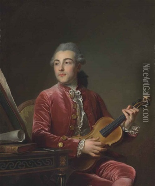 Portrait Of A Gentleman, Half-length, Seated In A Red Velvet Jacket With A Violin Oil Painting - Guillaume Voiriot