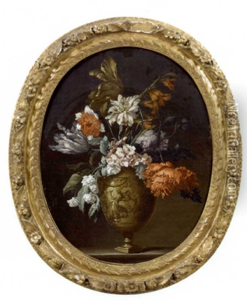 Vase De Fleurs: Pivoines, Tulipes... Dans Un Vase Sculpte, Pose Sur Un Entablement Oil Painting - Jean-Baptiste Monnoyer