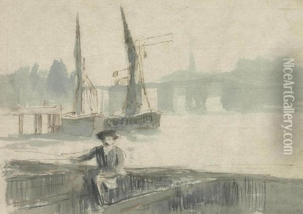 Henry Greaves, The Artist's Brother, At Lindsay Wharf, London Oil Painting - Walter Greaves