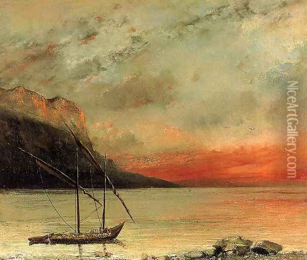 Sunset over Lake Leman, 1874 Oil Painting - Gustave Courbet