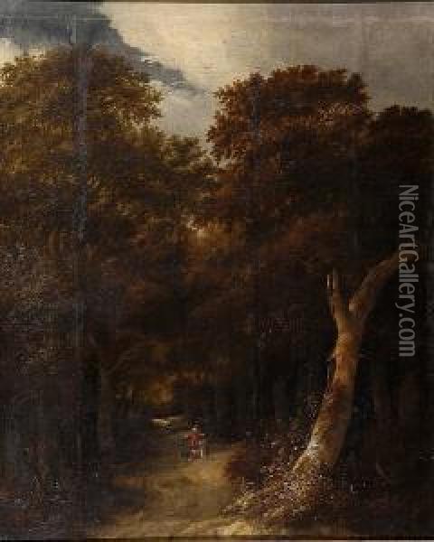 A Lady And Gentleman With A Dog In A Woodland Clearing Oil Painting - Roelof van Vries