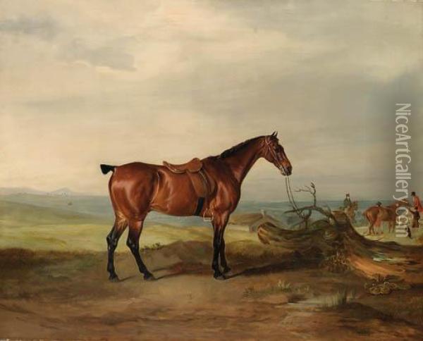 A Saddled Bay Hunter, In An Extensive Landscape, With Huntsmen Andhounds Beyond Oil Painting - John Snr Ferneley