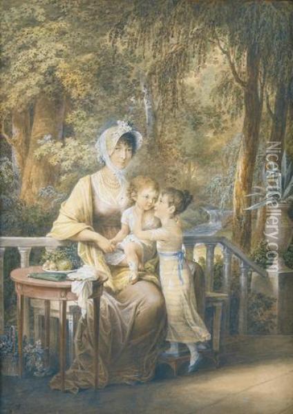 Elegante Dame Mit Zwei Kindern Im Park. Oil Painting - Vincenz Georg Kininger