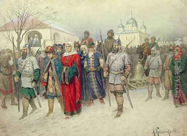Joining of Great Novgorod Novgorodians Departing to Moscow Oil Painting - Aleksei Danilovich Kivshenko