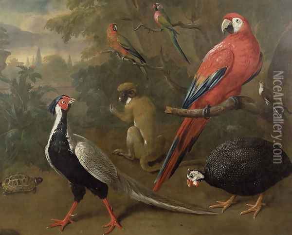 Pheasant, Macaw, Monkey, Parrots and Tortoise Oil Painting - Charles Collins
