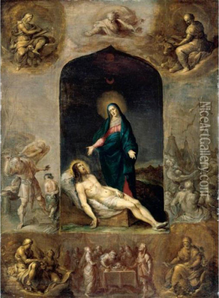The Pieta Surrounded By The Four
 Evangelists, And Scenes From The Old Testament Including The Sacrifice 
Of Isaac And The Brazen Serpent Oil Painting - Frans II Francken