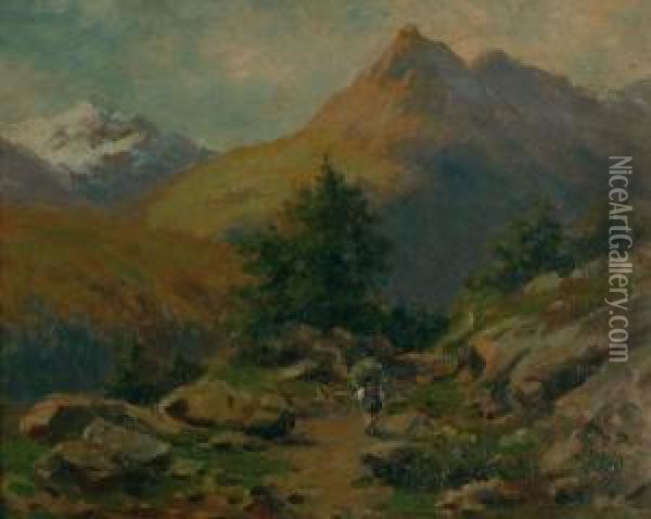 Paesaggio Di Montagna Con Contadino Oil Painting - Silvio Poma